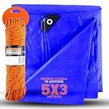 Lona Azul Impermeável Carreteiro Piscina Toldos Caminhão 75G 5x3 Metros Corda 10 Metros