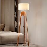 Luminária Abajur De Chão Tripé Classica De Madeira Cúpula Tecido Cor Palha