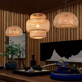 Luminária Lustre Bambu Trançado Rústico Sala Kit Completo