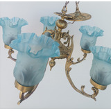 Lustre Bronze Usado Antigo 5 Braços Tulipa Azul Restaurado