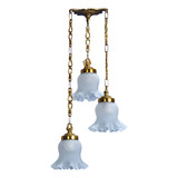 Lustre Pendente Metal Com Tulipas De Cristal Fosco 3 Lâmpada