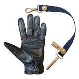 Luva De Couro Preto Guia De Espada Dourado Fita Azul