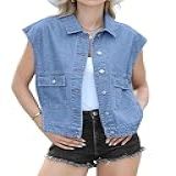 Luvamia Jeans Para Mulheres Grande Abotoado Sem Mangas Jaqueta Jeans Moderna Casual Ocidental Com Bolsos Azul Médio M