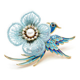 Luxo Broche Dourado Azul Flor Passaro