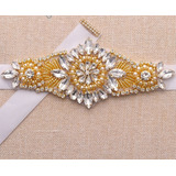 Luxo Cinto Cetim Branco Com Bordado Strass Dourado Perola 40