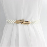 Luxo Cinto Perolas Strass Fivela Folhas Dourado Ajustavel