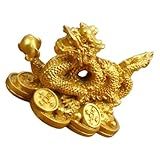 Luxshiny Estátua De Dragão Chinês De Madeira Escultura De Dragão Do Zodíaco Esculpida Dourada 2024 Estátua Do Dragão Do Ano 2024 Com Moeda Decoração Feng Shui Para Sorte Riqueza