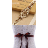Luxuoso Cinto Cetim Bege Marrom Dourado Strass Perolas 190