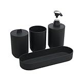 LYOR - Conjunto 4 Peças De Bambu E PP Para Banheiro Preto - Porta-sabonete Líquido- Porta-escova De Dentes- Saboneteira- Porta Algodão