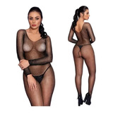 Macacão Arrastão Sexy Bodystocking Strass Meia Corpo Sensual