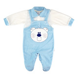 Macacão Bebê Jardineira Plush Bordado Urso Menino Cores