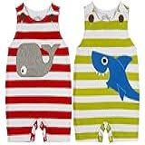 Macacão Bebê Sem Manga Listrado Kit 2 Peças Baleia E Tubarão Branco G