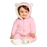 Macacão Bichinho Ursinho Capuz Bebê Menina Rosa Soft