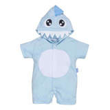 Macacão Curto De Bebê Capuz Bichinhos Tubarão Azul Claro