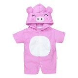 Macacão De Bebê Curto Capuz Bichinho Bordado Porquinha Rosa