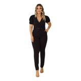 Macacão Feminino Plus Size Longo C Cinto Manga Princesa G3