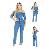 Macacão Flare Feminino Jeans Manga Curta Modelador Essência