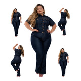 Macacão Flare Jeans Feminino Manga Curta Plus Size Mulheres
