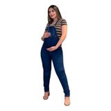 Macacão Jardineira Gestante Jeans Mega Estilo Pós Parto