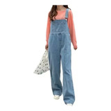 Macacão Jeans Feminino Casual Com Pernas Largas E Bolso Gran