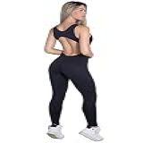 Macacão Longo Feminino Costas Aberta Fitness Academia  M  PRETO 