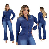 Macacão Manga Longa Jeans Feminino Flare