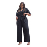 Macação Pantalona Plus Size Com Cinto Encapado Manga Fler