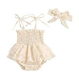 Macacão Para Bebês Meninas 3, 6, 9, 12 E 18 Meses, Macacão + Faixa De Cabeça única Para Bebês, Roupas De Verão, Laço Cáqui, 6-9 Meses