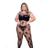 Macacão Plus Size Florido Arrastão Meia De Corpo Sexy Luxo