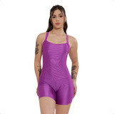Macaquinho Feminino Fitness Curto Academia Canelado Liso