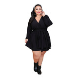 Macaquinho Plus Size Short Saia Manga Longa Soltinho Vestido