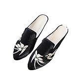 MAFSMJP Chinelos Femininos Bordados De Flores Casuais De Lona Plana Chinelos Bico Fino Feminino Conforto Slip On Sapatos De Verão Modelo 2 Preto 9