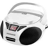 Magnavox Boombox Portátil MD6924 Com Carregamento Superior - Rádio Estéreo AM-FM - Compatível Com CD-R-CD-RW - Display LED - Porta AUX - Leitor De CD Programável - Preto -Branco-