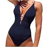 Maiô Feminino Peça única Decote V Profundo Cor Lisa Sexy Frente única Biquíni Moderno Azul Marino G