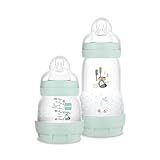 MAM Baby Kit 2 Mamadeiras Easy Start Starter Set Anticólica E Menos Bolhas De Ar Para Crianças 0 Meses Autoesterilizável E Com Bico De Silicone Skinsoft Azul