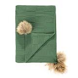 Manta Decorativa Tricot Efeito Quadriculado 120 X 175 CM Para Sofá Ou Cama Com Pompom Karsten Verde Figo