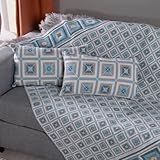 Manta Para Sofá Com Franja - 2 Almofadas Cheias Para Decoração Sala - Kit Xale Para Sofá Jacquard 1-35x1-35m - Manta Decorativa -Azul-