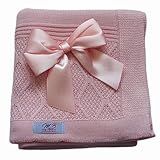 Manta Tricô Tricot ARAN Saida Maternidade Bebê C Laço Removível Luxo ROSA 