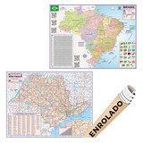 Mapa Do Brasil + Estado De São Paulo Geo Politico Geográfico Poster Escolar Rodoviário Estados Cidades