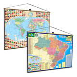 Mapa Do Brasil Mapa Mundi Politico Escolar Geográfico Poster Banner Geografia Politico Pendurar Gigante Moldura Planetário Estados Capitais Páises