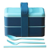 Marmita Bento Box Plást Lanch 2andares C Talheres E Alça Cor Azul Com Verde