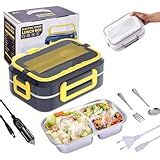 Marmita Elétrica Portátil Veicular De Aço Inoxidável Para Carro Uber Casa Lancheira Térmica 12V 110V C 3 Divisórias Inox Azul C Amarelo Da Marca Midas 