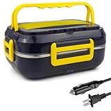 Marmita Térmica Elétrica Portátil Bivolt 110 220V E Veicular 12 24V Com Compartimentos Em Aço Inox 1 5L Resistente E Prática Para Carro Caminhão Trabalho Azul Com Amarelo 