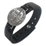 Marshop Cottonwax Religiosa Pulseira Masculina Bracelete Couro Medalha São Bento Grafite