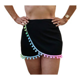 Marujá Beach Saída De Praia Com Pompom Canga De Praia Viscose Pareô Preta Cor Preto Desenho Do Tecido Pompom Candy Tamanho 36 Ao 40