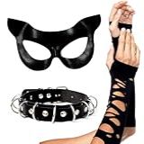 Máscara De Gato Preto Acessórios De Fantasia De Mulher De Gato Para Mulheres Máscara De Baile De Máscaras De Halloween Para Adultos Luvas De Renda Descoladas E Colar Gargantilha De Couro Sintético 
