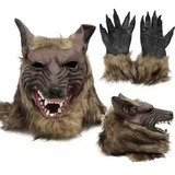 Máscara De Látex Lobisomem Lobo   Par De Luvas Fantasia Cor Marrom