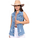 Max Colete Jeans Feminino Moda Country