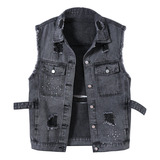 Max Colete Longo Jeans Destroyed Feminino Barra Desfiada