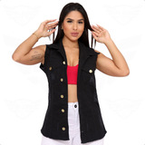 Max Colete Longo Jeans Destroyed Feminino Barra Desfiada